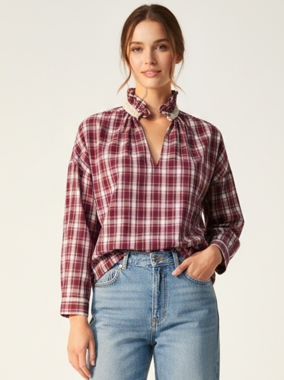 A Shirt Thing Penelope Top Womens XS Popover Cranberry Peasant Ruffle Collar